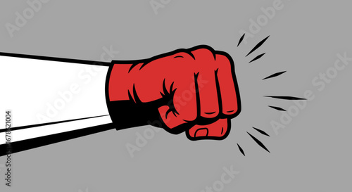Powerful red fist punching forward with dynamic lines on a simple gray background