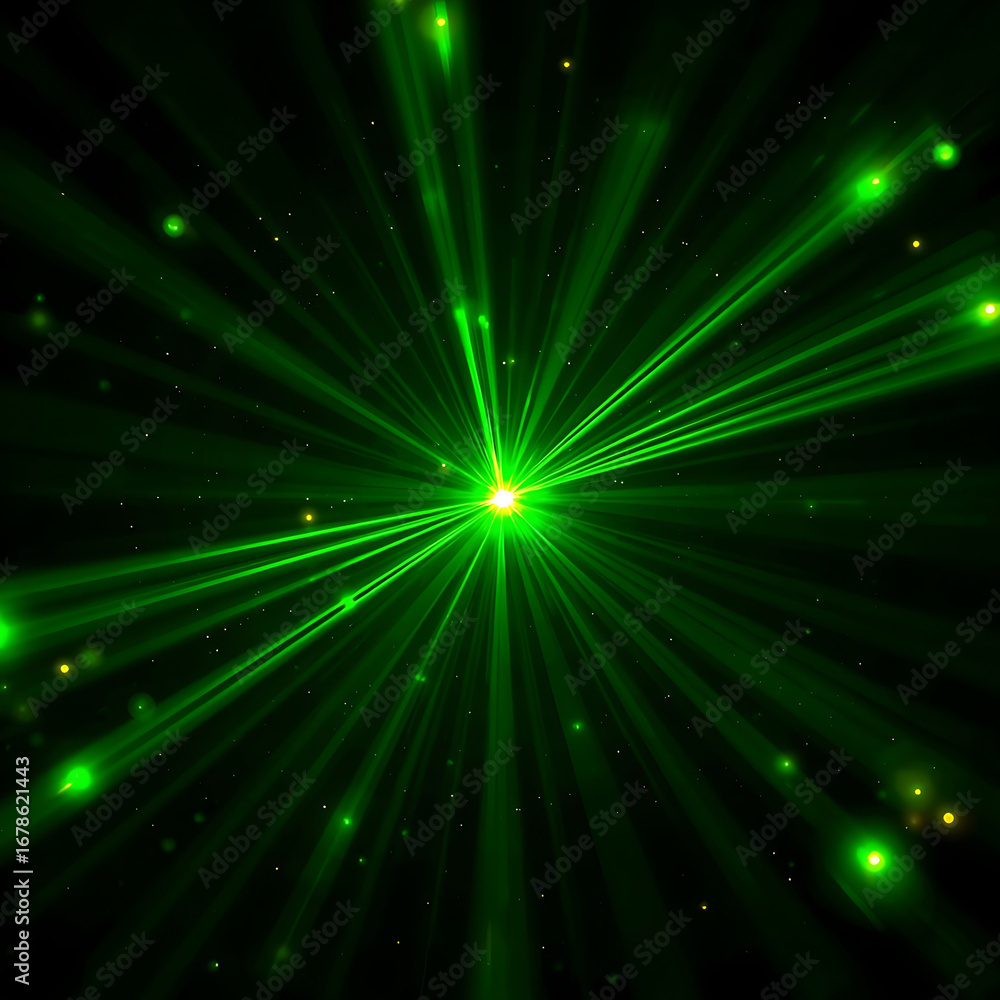 Naklejka premium The image features light green reflections, neon illumination in white colors, bright light lens, police light effects, lines, shiny stars, and glowing sparks on a black background.