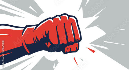 Powerful red fist punching forward with dynamic rays of light and impact splatter
