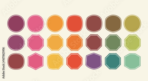Collection of colorful, geometric shapes arranged in rows, displaying various hues and shades.