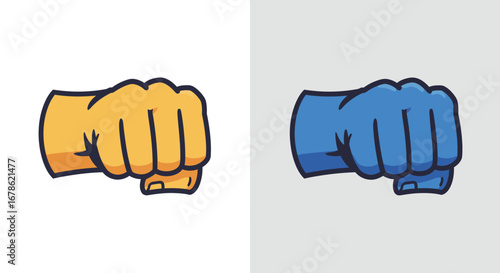 Two fists clenched in opposition yellow and blue representing conflict or rivalry
