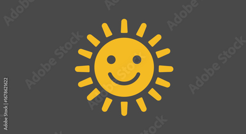 A cheerful cartoonish yellow sun with a happy face and radiating rays on a dark gray background
