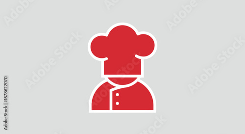 Simple red chef hat and uniform icon representing culinary profession and food service industry