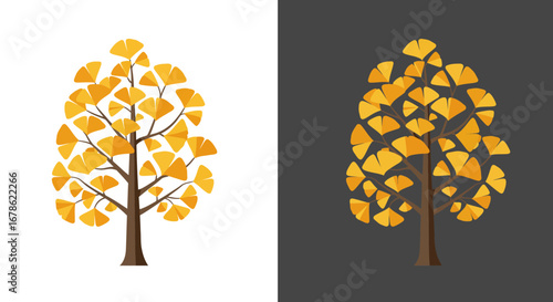 Stylized illustration of a vibrant yellow ginkgo biloba tree in autumn on a white and dark background