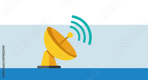 Yellow satellite dish transmitting signals into the sky with a light blue and white background