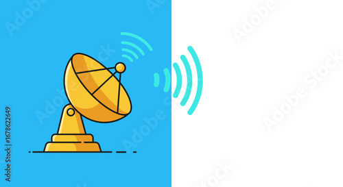 Yellow satellite dish broadcasting signals across a split blue and white background with copy space