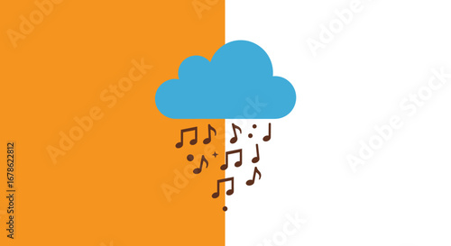 Blue cloud raining musical notes on a split orange and white background symbolizing creative inspiration