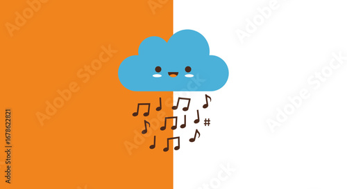 Cute cartoon blue cloud raining musical notes on a split orange and white background