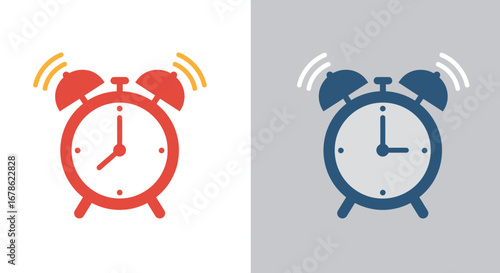 Two classic twin bell alarm clocks one red and one blue ringing with sound waves emanating from them