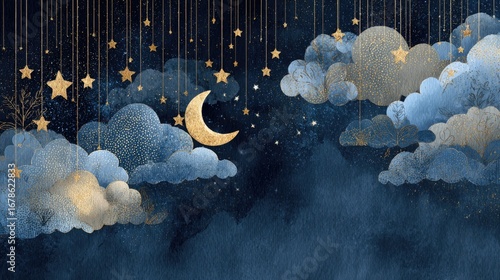 Night sky with clouds, stars, and moon