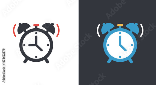 Two vintage alarm clocks ringing loudly with bells and vibrating to wake you up