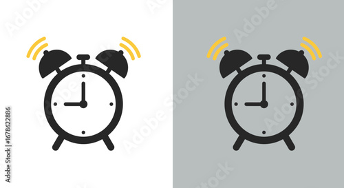 Retro twin bell alarm clock ringing loudly with yellow sound waves on white and gray backgrounds