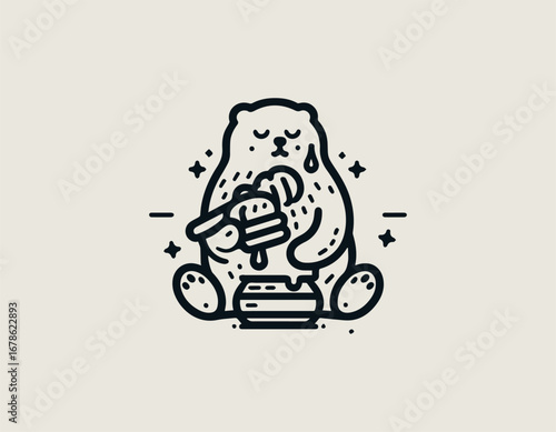Delicious honey bear illustration holding jar designed in black line art vintage rustic retro logo style