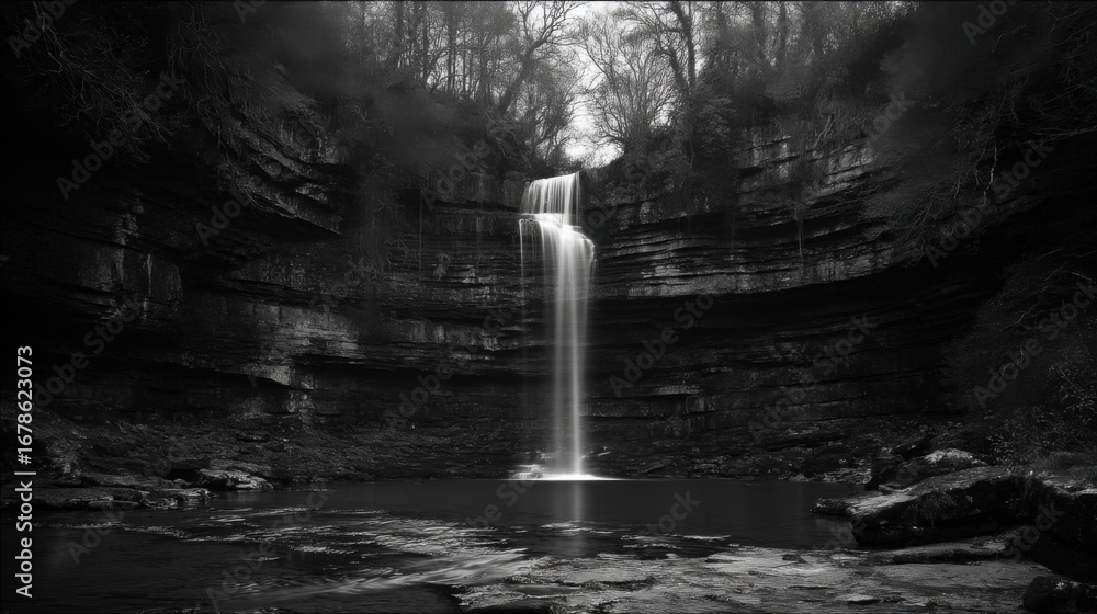 Fototapeta premium A monochromatic landscape featuring a large waterfall cascading into a deep basin surrounded by steep rocky cliffs,