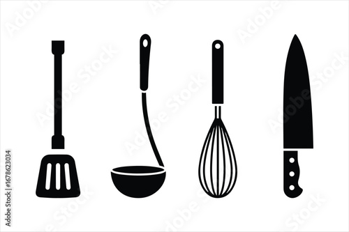 Collection of hand drawn kitchen utensils including spatula ladle whisk and knife on white