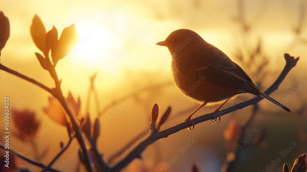 Obraz premium Photograph of a silhouetted bird perched on a branch against a radiant golden sunrise.