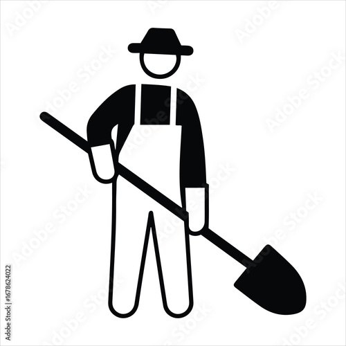 Farmer in overalls holding a shovel ready for work agricultural laborer icon symbol pictogram graphic