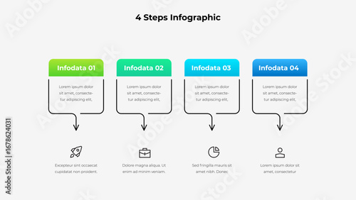 Four step infographic design featuring colored data sections, descriptive text, and icons, ideal for presentations, reports, or educational purposes and showcases simplicity and professional design