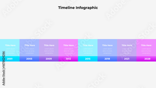 Illustrative timeline infographic with colorful blocks, aligned in sequential order with placeholders for text headers and subtext, ideal for business presentations and progress tracking