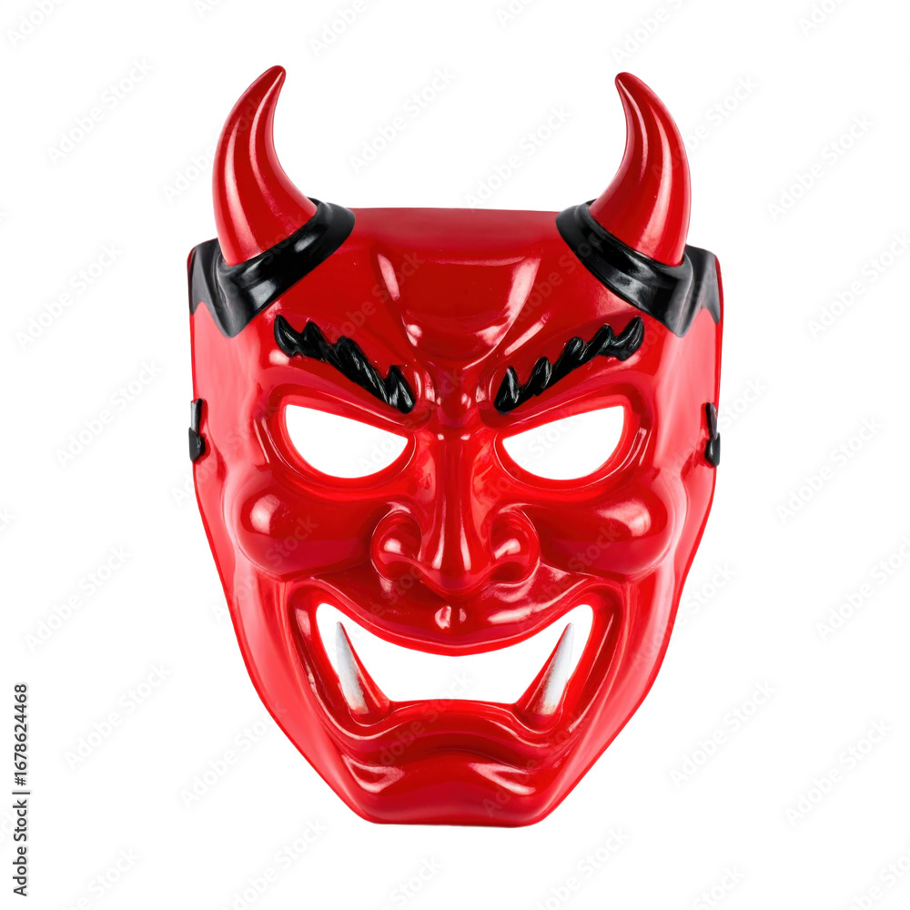 Naklejka premium A red demonic mask with black horns and menacing eyes, isolated. Suitable for spooky Halloween themes and holiday crafts.