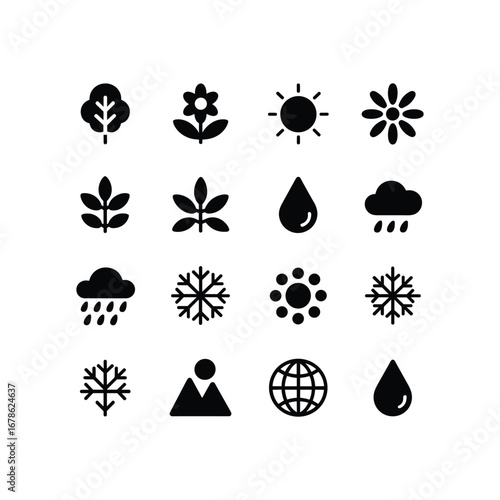 Collection of weather and nature icons representing seasons and climate changes in a simple graphic style