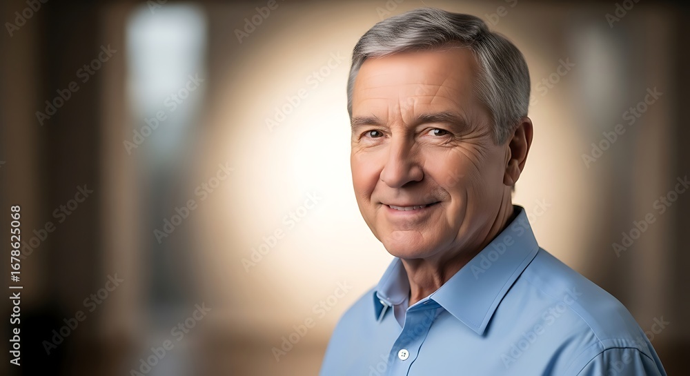 Obraz premium Senior Man Smiling Confidently in Light Blue Shirt in Bright Indoor Setting