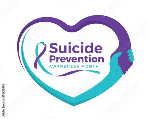 Suicide prevention awareness month - Text and ribbon awareness sign in heart frame with teal and purple hand hold hand vector design