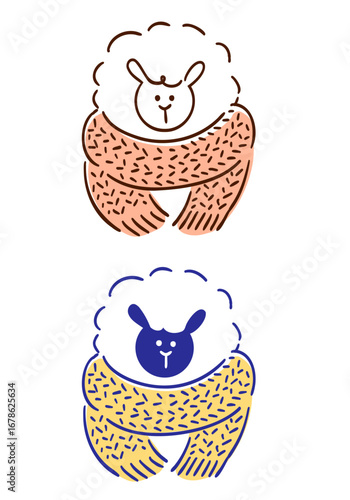 マフラーを巻いたひつじの手描きベクターイラスト｜Hand-Drawn Vector Illustration of a Sheep Wearing a Scarf