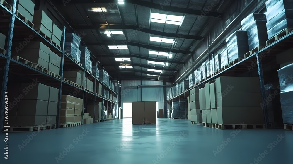 Obraz premium Photograph of a vast, dimly lit warehouse with stacked boxes and bright skylights.