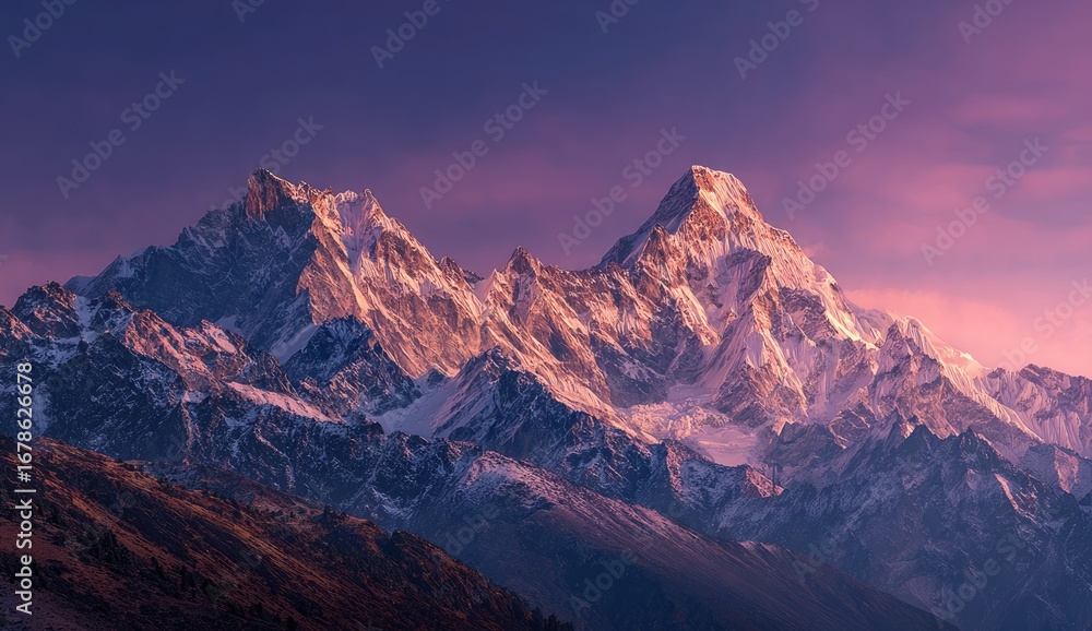 Obraz premium Majestic snow-capped mountain range at sunset