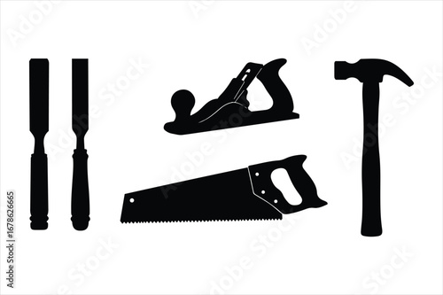 Classic carpentry tools silhouette set featuring chisels hammer saw and wood plane