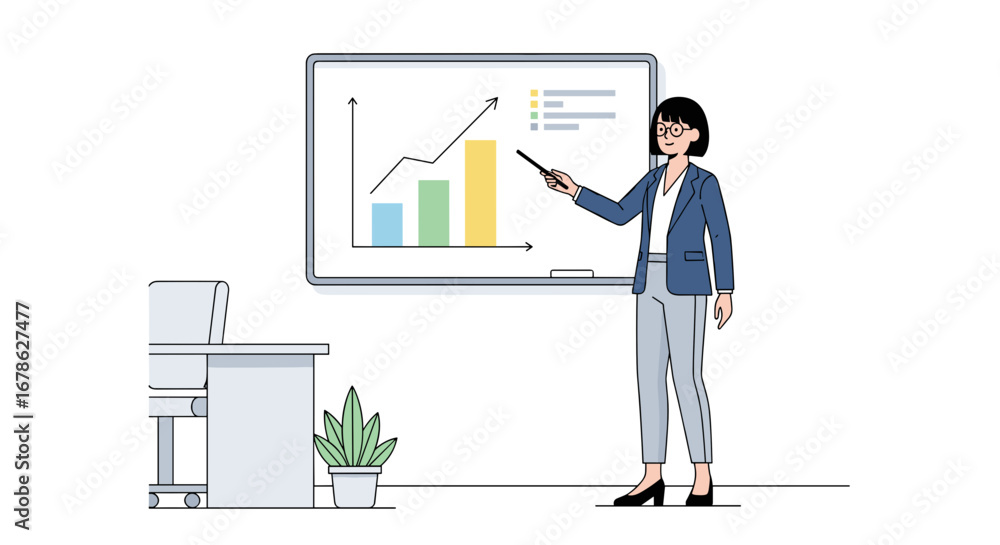 Fototapeta premium Businesswoman presenting a growth chart on whiteboard in office flat illustration