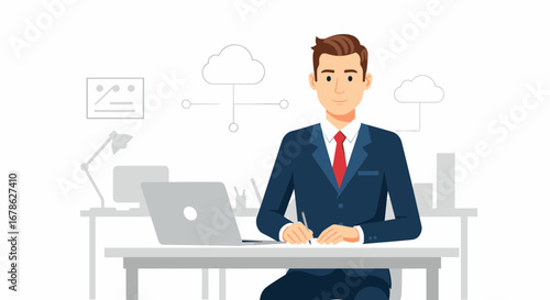 Businessman working at an office desk with laptop and cloud computing flat illustration