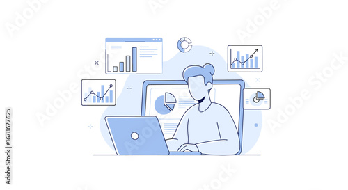 Person analyzing data graphs on laptop screen flat illustration