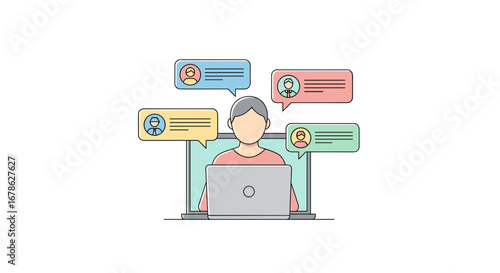 Person interacting with laptop and multiple chat messages flat illustration