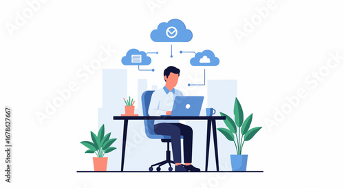 Professional man sitting working laptop cloud computing office flat illustration