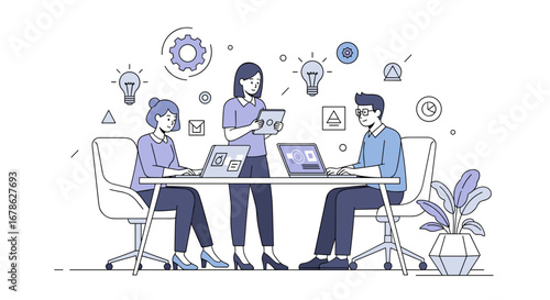 Three business colleagues planning new ideas at an office desk flat illustration