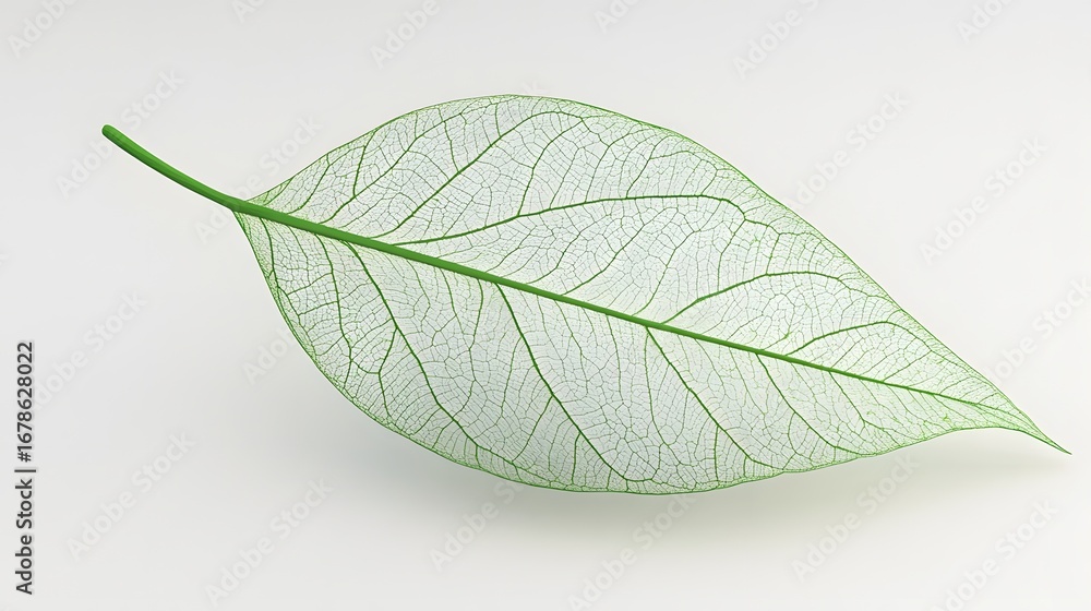 Obraz premium Digital illustration of a translucent green leaf with intricate vein structure on a neutral background.