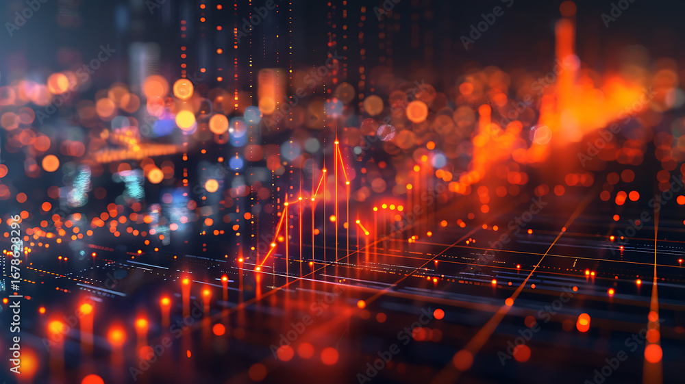Obraz premium Bright orange digital network graph over a cityscape indicates data analytics and connectivity.