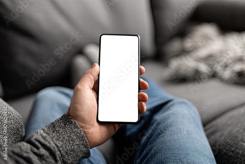 Close-up of a hand holding a phone with a blank screen on a couch