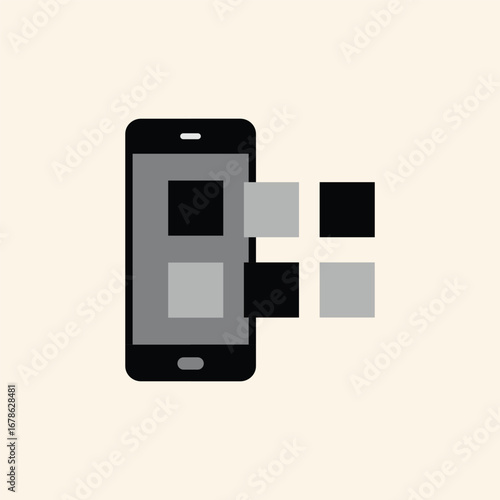 Modern mobile phone screen displaying abstract data blocks dissolving into digital information flow