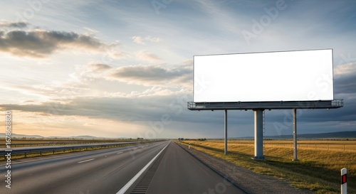 Empty billboard on a highway in a rural landscape at sunset, advertising and marketing opportunity
