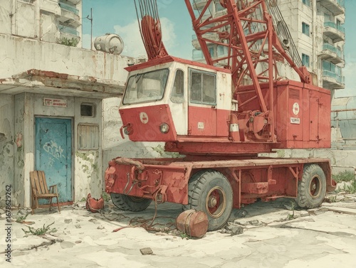 Red crane in a deserted urban space
