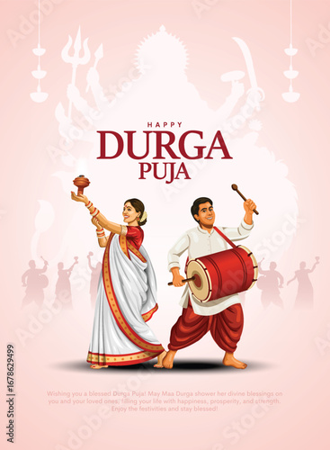 Indian festival, Goddess Maa Druga with dhanuchi dance people in Happy Durga Puja. Subh Navratri background. Creative vector illustration design.