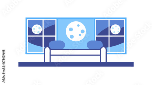 Moonlit night living room interior design with sofa and window view vector illustration concept design