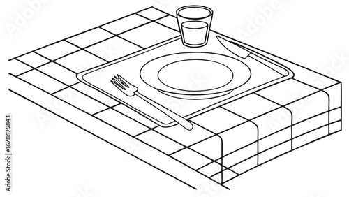 Table setting illustration with plate, glass, fork and knife for dining table graphic design element