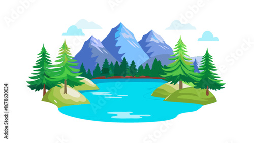 Scenic mountain landscape illustration with lake and pine trees vector art for nature backgrounds and designs