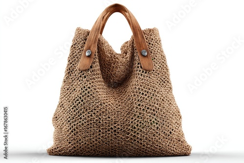 Beige knitted tote bag with wooden handles