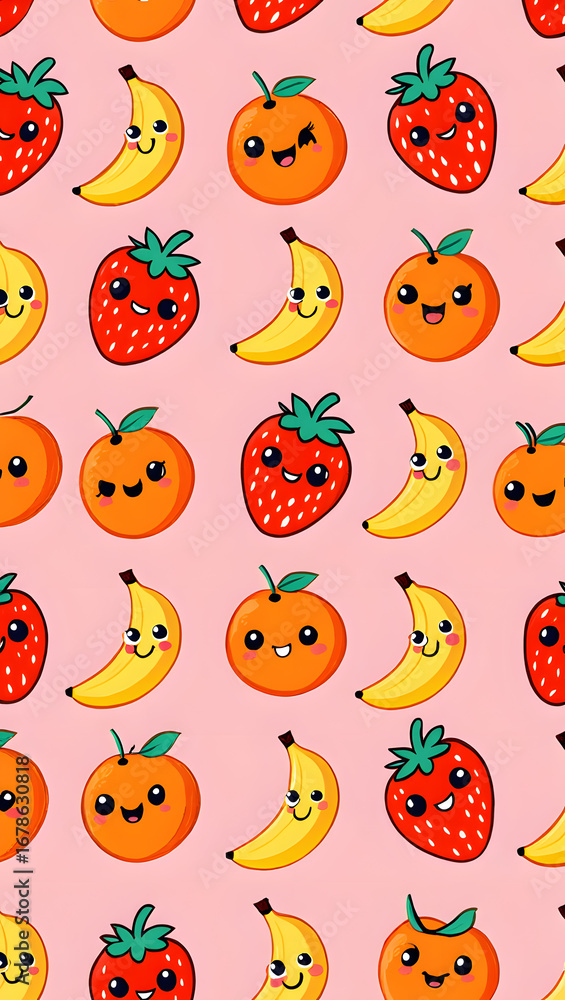 Fototapeta premium Kawaii Fruit Pattern: Cheerful Bananas, Strawberries, and Oranges on Pink Background