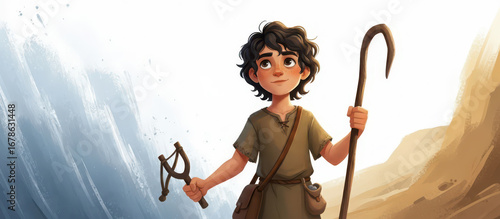 A beautiful illustration of the young shepherd David, looking up with faith and courage. He holds his staff and slingshot, ready for his destiny. A modern biblical banner.